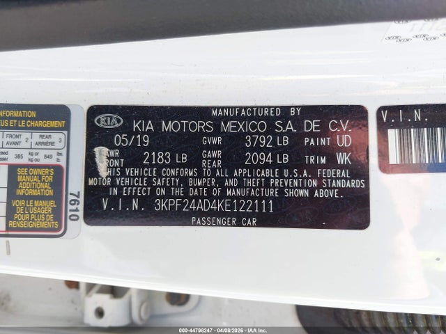 Продажа на аукционе авто 2019 Kia Forte Lxs, vin: 3KPF24AD4KE122111, номер лота: 44798247