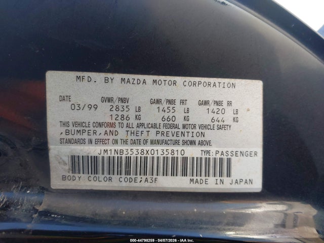 44798259 :رقم المزاد ، JM1NB3538X0135810 vin ، 1999 Mazda Mx-5 Miata Leather Pkg/popular Equipment Pkg/sports Pkg/touring Pkg مزاد بيع