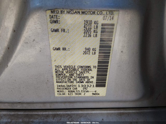 Nissan Altima 2.5 Sl 2015 1N4AL3AP2FC130321 Image 9