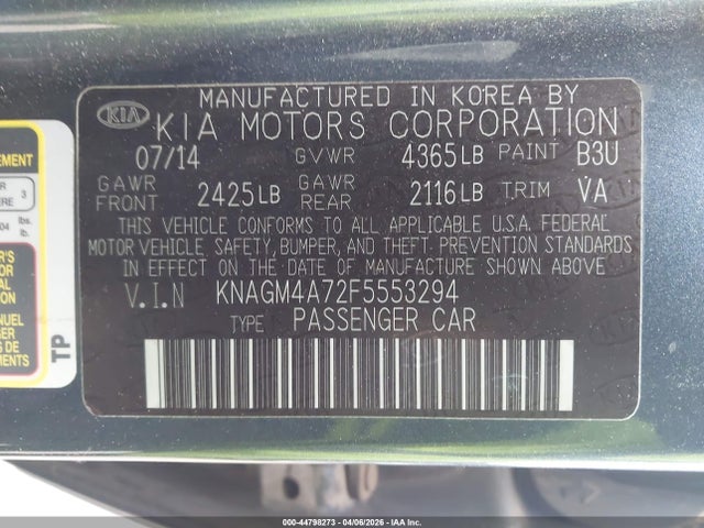 Продаж на аукціоні авто 2015 Kia Optima Lx, vin: KNAGM4A72F5553294, номер лоту: 44798273