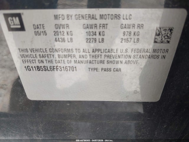 Продажа на аукционе авто 2015 Chevrolet Malibu Ls, vin: 1G11B5SL6FF316701, номер лота: 44798303