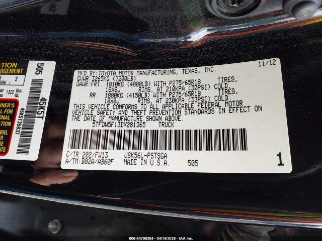 Aukcja sprzedaży 2013 Toyota Tundra Grade 5.7l V8, vin: 5TFDW5F13DX281365, numer aukcji: 44798304