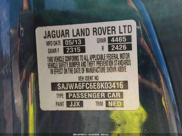 2014 Jaguar F-type S მანქანა იყიდება აუქციონზე, vin: SAJWA6FC6E8K03416, აუქციონის ნომერი: 44798311