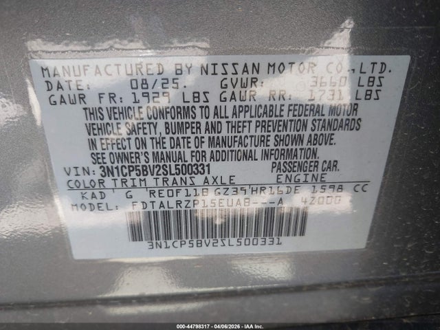 2025 Nissan Kicks Play S მანქანა იყიდება აუქციონზე, vin: 3N1CP5BV2SL500331, აუქციონის ნომერი: 44798317