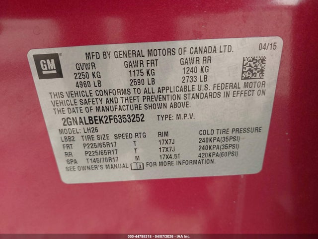 Chevrolet EQUINOX 1LT 2015 2GNALBEK2F6353252 Image 9