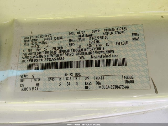 Aukcja sprzedaży 2007 Ford E-350 Super Duty Xl/xlt, vin: 1FBSS31L37DA53585, numer aukcji: 44798319