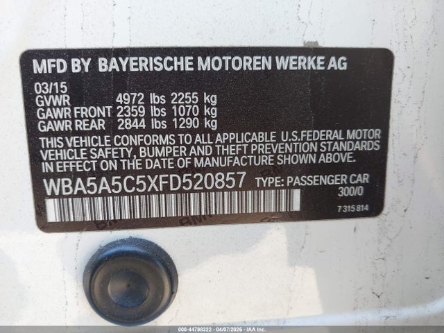 2015 Bmw 528i მანქანა იყიდება აუქციონზე, vin: WBA5A5C5XFD520857, აუქციონის ნომერი: 44798322