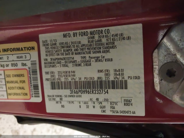 Auction sale of the 2014 Ford Fusion Se, vin: 3FA6P0H96ER232754, lot number: 44798333