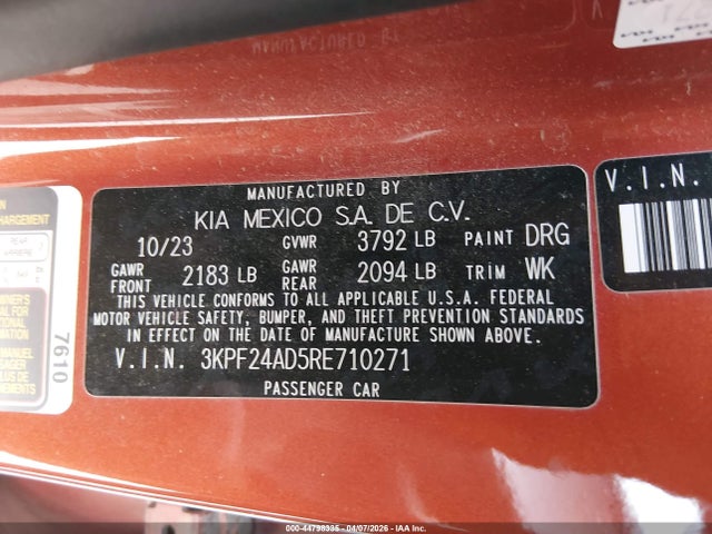 44798335 :رقم المزاد ، 3KPF24AD5RE710271 vin ، 2024 Kia Forte Lxs مزاد بيع