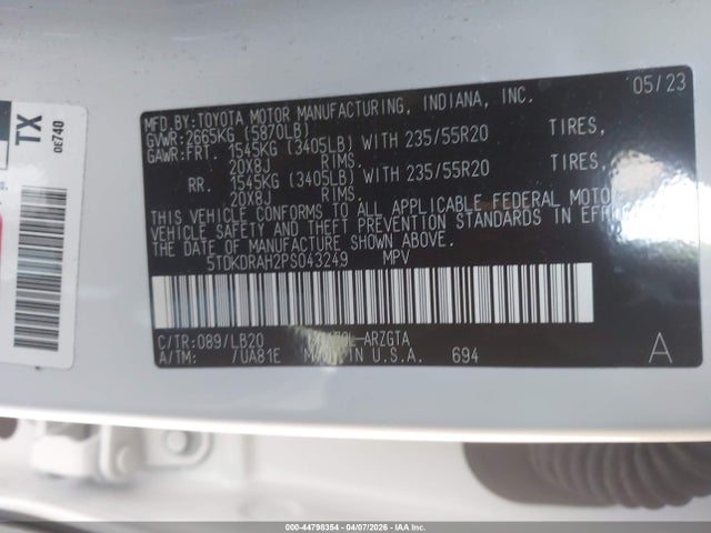 5TDKDRAH2PS043249 Toyota Highlander Limited