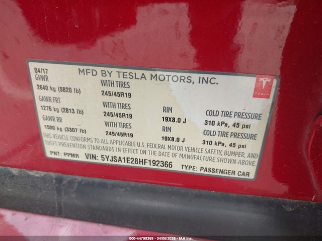 Tesla Model S 100d/60d/75d/90d/p100d 2017 5YJSA1E28HF192366 Image 9