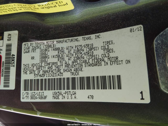 2012 Toyota Tundra Limited 5.7l V8 მანქანა იყიდება აუქციონზე, vin: 5TFHW5F11CX231435, აუქციონის ნომერი: 44798371