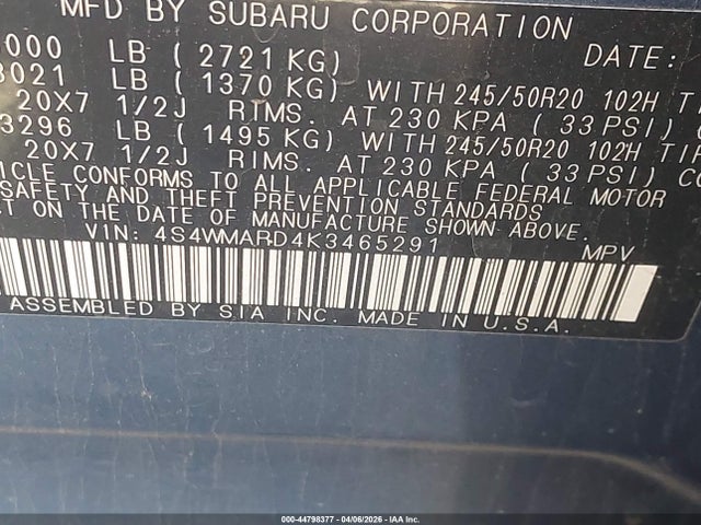 Продаж на аукціоні авто 2019 Subaru Ascent Touring, vin: 4S4WMARD4K3465291, номер лоту: 44798377