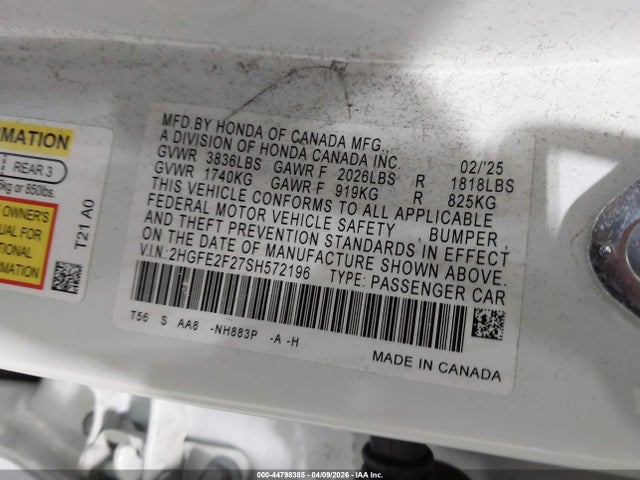 Продажа на аукционе авто 2025 Honda Civic Lx, vin: 2HGFE2F27SH572196, номер лота: 44798385