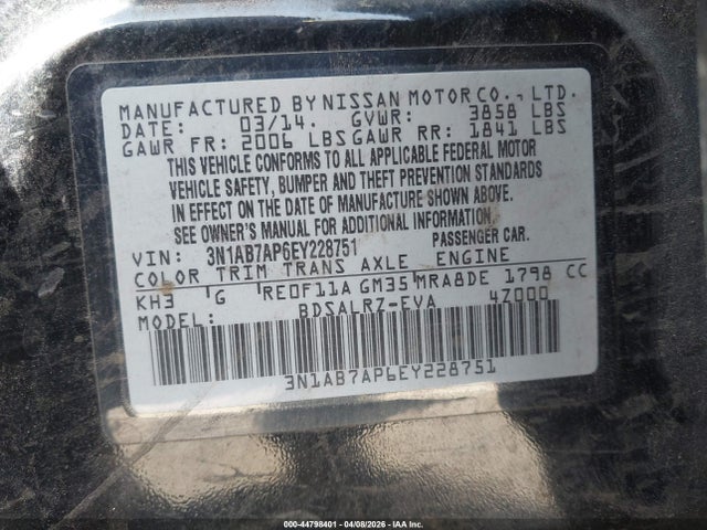 44798401 :رقم المزاد ، 3N1AB7AP6EY228751 vin ، 2014 Nissan Sentra Sr مزاد بيع