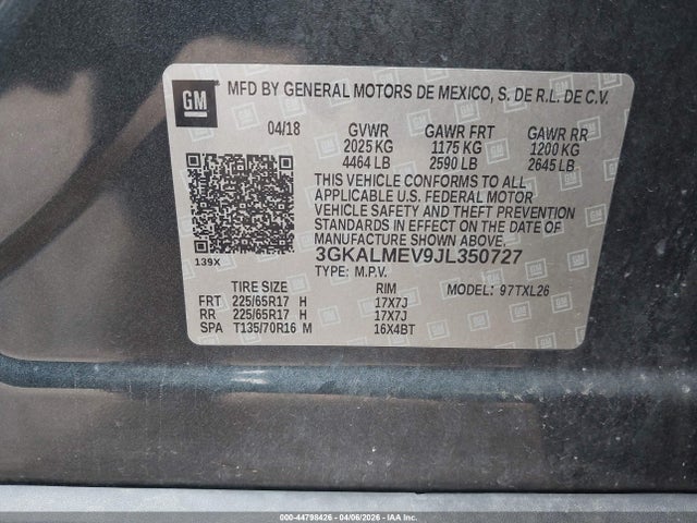 Auction sale of the 2018 Gmc Terrain Sle, vin: 3GKALMEV9JL350727, lot number: 44798426