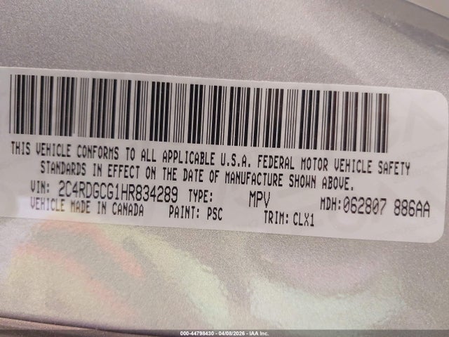 Aukcja sprzedaży 2017 Dodge Grand Caravan Sxt, vin: 2C4RDGCG1HR834289, numer aukcji: 44798430