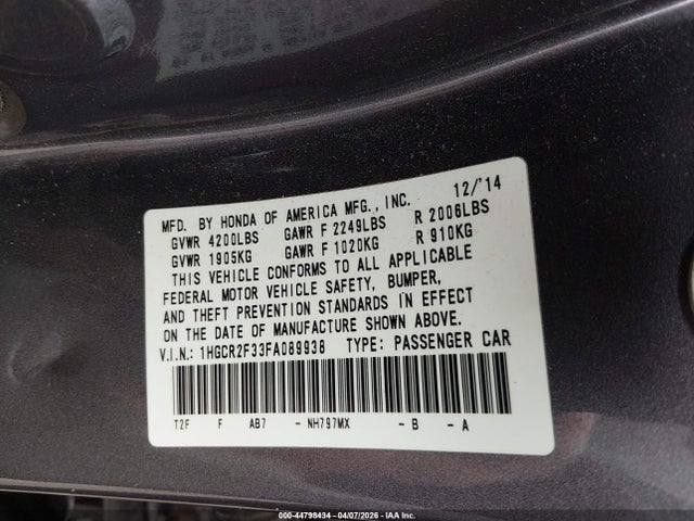 44798434 :رقم المزاد ، 1HGCR2F33FA089938 vin ، 2015 Honda Accord Lx مزاد بيع