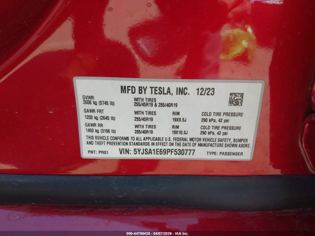 Auction sale of the 2023 Tesla Model S Plaid Tri Motor All-wheel Drive, vin: 5YJSA1E69PF530777, lot number: 44798435