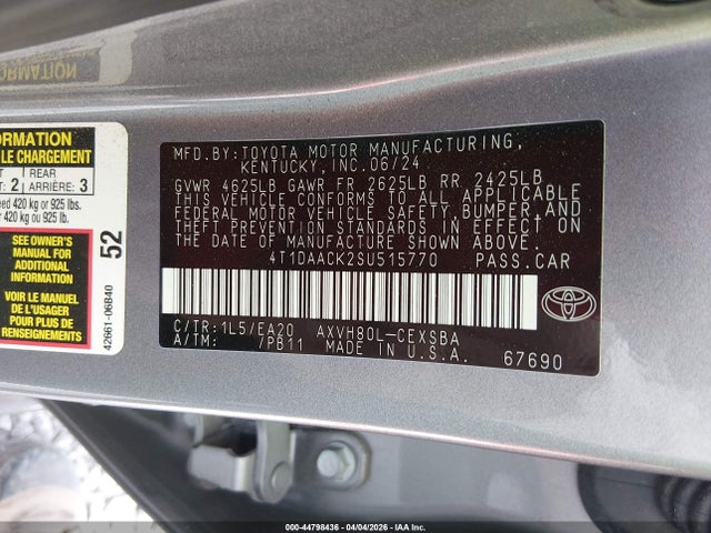Продажа на аукционе авто 2025 Toyota Camry Se, vin: 4T1DAACK2SU515770, номер лота: 44798436