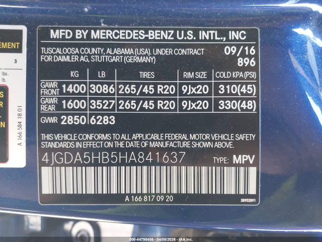 Aukcja sprzedaży 2017 Mercedes-benz Gle 350 4matic, vin: 4JGDA5HB5HA841637, numer aukcji: 44798456
