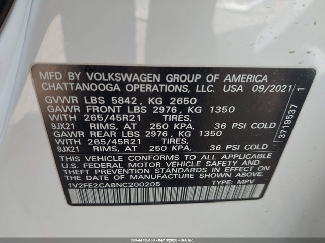 Aukcja sprzedaży 2022 Volkswagen Atlas Cross Sport 3.6l V6 Sel Premium R-line, vin: 1V2FE2CA8NC200205, numer aukcji: 44798458