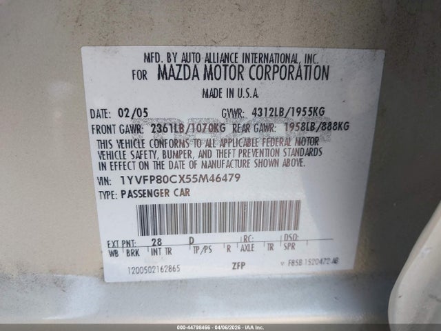 Aukcja sprzedaży 2005 Mazda Mazda6 I Base, vin: 1YVFP80CX55M46479, numer aukcji: 44798466