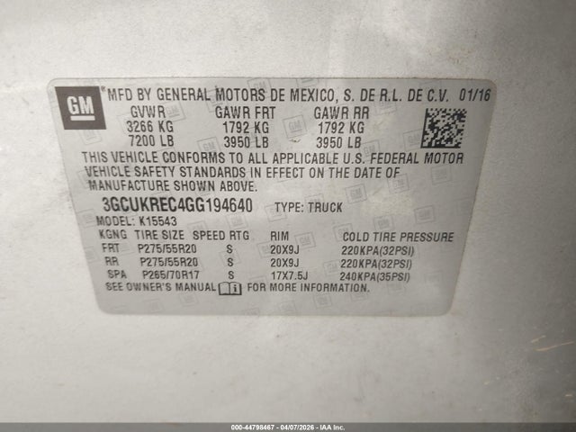 44798467 :رقم المزاد ، 3GCUKREC4GG194640 vin ، 2016 Chevrolet Silverado 1500 2lt مزاد بيع