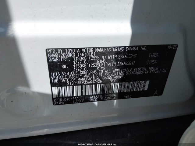 Продажа на аукционе авто 2025 Toyota Rav4 Xle, vin: 2T3P1RFV3SW617426, номер лота: 44798507