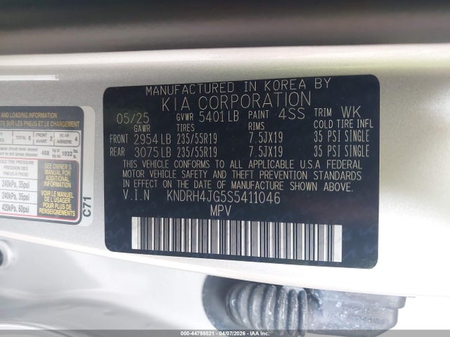 44798521 :رقم المزاد ، KNDRH4JG5S5411046 vin ، 2025 Kia Sorento Hybrid Ex مزاد بيع