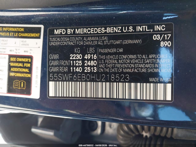 Aukcja sprzedaży 2017 Mercedes-benz Amg C 43 4matic, vin: 55SWF6EB0HU218523, numer aukcji: 44798532