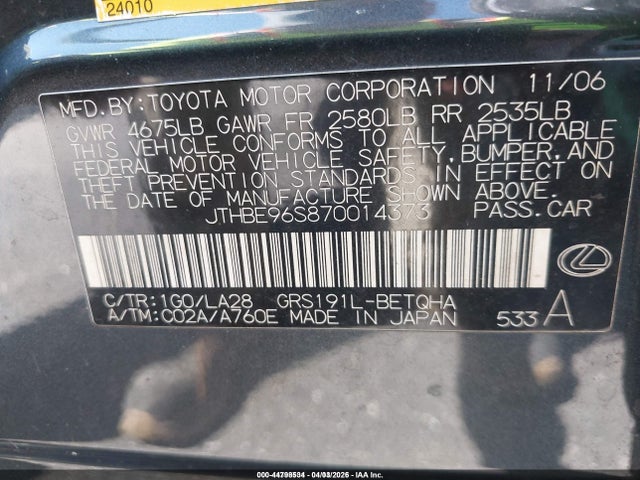 Aukcja sprzedaży 2007 Lexus Gs 350, vin: JTHBE96S870014373, numer aukcji: 44798534