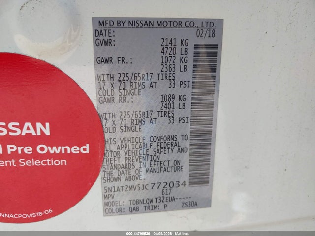 5N1AT2MV5JC772034 Nissan ROGUE SV
