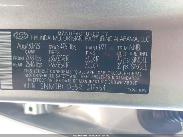 Aukcja sprzedaży 2024 Hyundai Tucson Sel, vin: 5NMJBCDE5RH317954, numer aukcji: 44798558