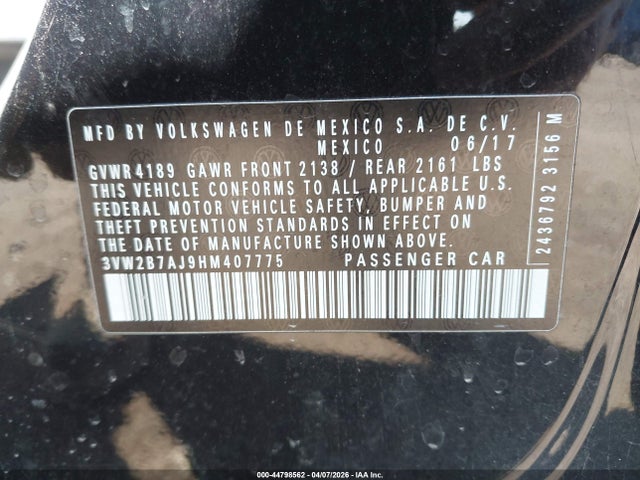 Продаж на аукціоні авто 2017 Volkswagen Jetta 1.4t S, vin: 3VW2B7AJ9HM407775, номер лоту: 44798562