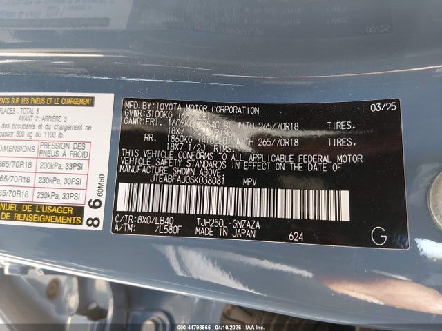 44798565 :رقم المزاد ، JTEABFAJ0SK038081 vin ، 2025 Toyota Land Cruiser مزاد بيع