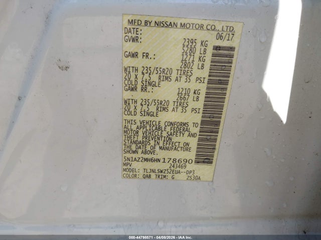44798571 :رقم المزاد ، 5N1AZ2MH6HN178690 vin ، 2017 Nissan Murano Platinum مزاد بيع