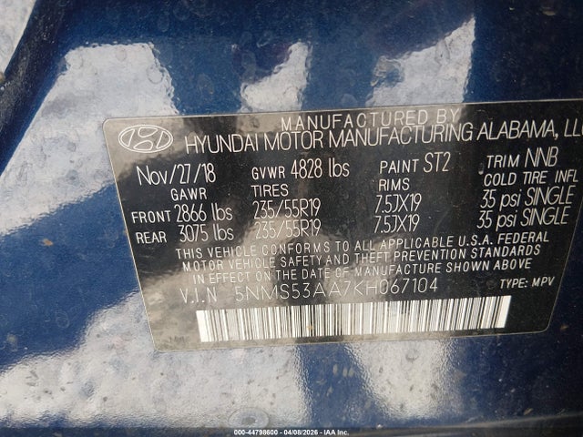 44798600 :رقم المزاد ، 5NMS53AA7KH067104 vin ، 2019 Hyundai Santa Fe Ultimate 2.0t مزاد بيع