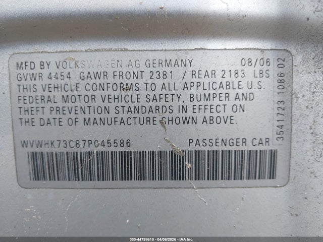 Aukcja sprzedaży 2007 Volkswagen Passat 2.0t, vin: WVWHK73C87P045586, numer aukcji: 44798610