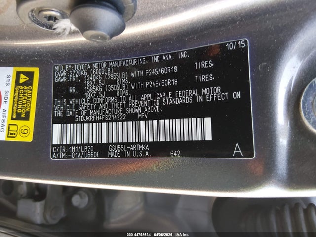 5TDJKRFH4FS214222 Toyota Highlander Xle V6