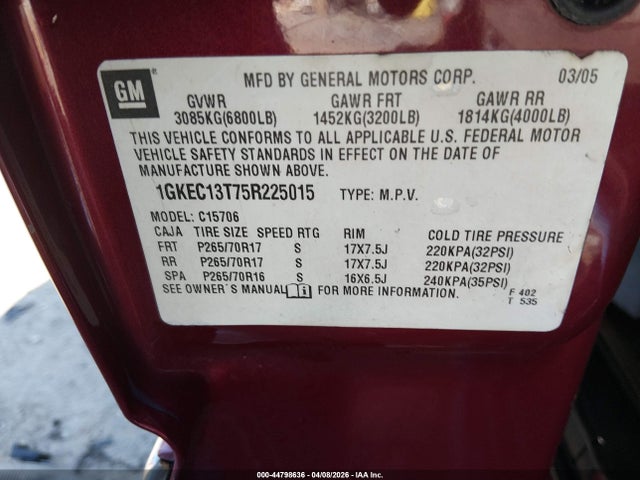 44798636 :رقم المزاد ، 1GKEC13T75R225015 vin ، 2005 Gmc Yukon Slt مزاد بيع