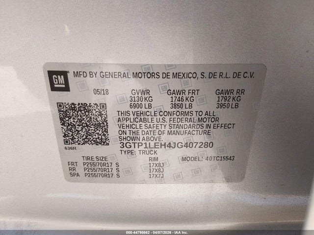 Aukcja sprzedaży 2018 Gmc Sierra 1500, vin: 3GTP1LEH4JG407280, numer aukcji: 44798662