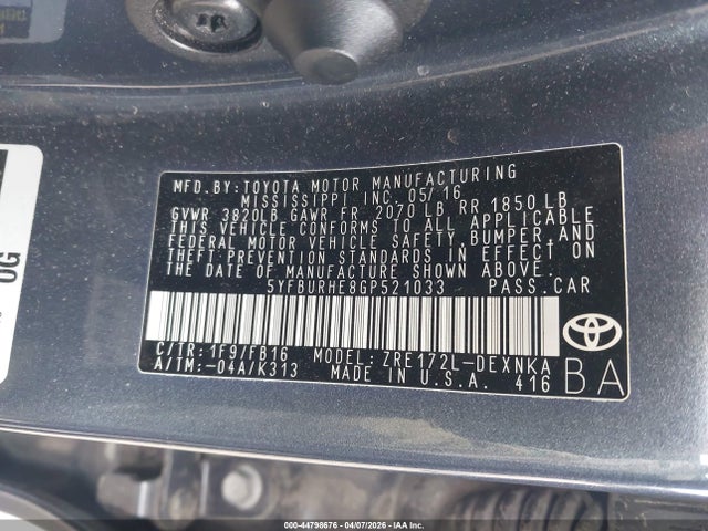 Продажа на аукционе авто 2016 Toyota Corolla Le, vin: 5YFBURHE8GP521033, номер лота: 44798676
