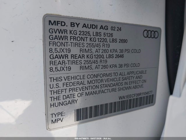 44798678 :رقم المزاد ، WA1EECF39R1104577 vin ، 2024 Audi Q3 Premium Plus 45 Tfsi S Line Quattro Tiptronic مزاد بيع