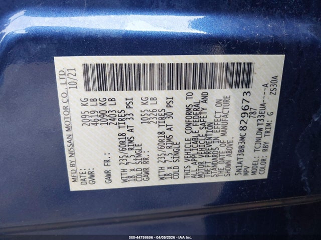 44798696 :رقم المزاد ، 5N1AT3BB3MC829673 vin ، 2021 Nissan Rogue Sv Intelligent Awd مزاد بيع