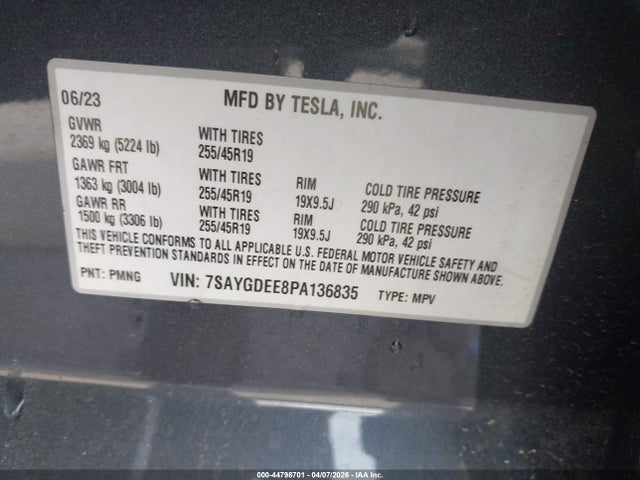 44798701 :رقم المزاد ، 7SAYGDEE8PA136835 vin ، 2023 Tesla Model Y Awd/long Range Dual Motor All-wheel Drive مزاد بيع