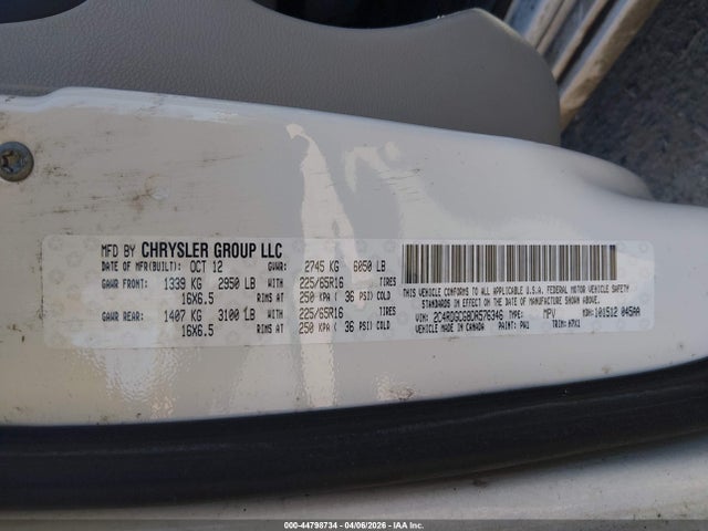 44798734 :رقم المزاد ، 2C4RDGCG8DR576346 vin ، 2013 Dodge Grand Caravan Sxt مزاد بيع