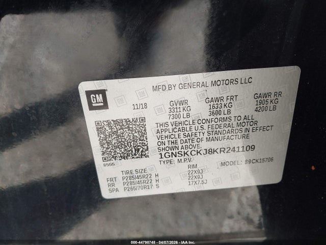 Продажа на аукционе авто 2019 Chevrolet Tahoe Premier, vin: 1GNSKCKJ8KR241109, номер лота: 44798748