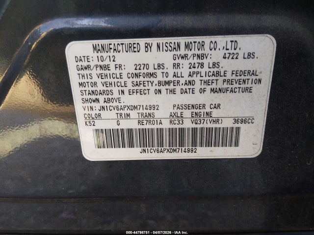 44798751 :رقم المزاد ، JN1CV6APXDM714992 vin ، 2013 Infiniti G37 Journey مزاد بيع