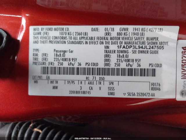 Aukcja sprzedaży 2018 Ford Focus St, vin: 1FADP3L94JL247505, numer aukcji: 44798754